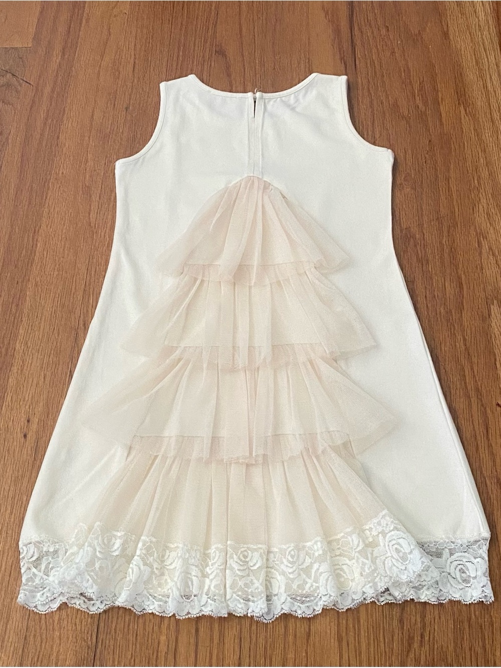 MonnaLisa Ivory Cotton-Spandex With Layered Tulle Back Dress